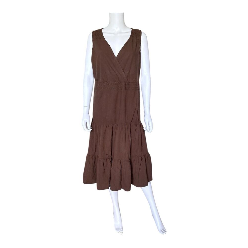 White Stag Dress Womens L 12/14 Brown Cotton Stretch Tiered Surplice Midi Boho